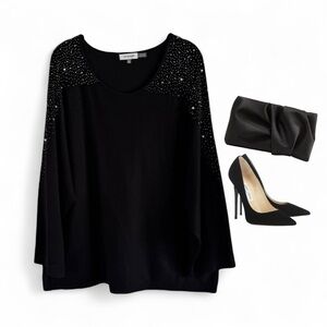 CALVIN KLEIN BLACK JEWELED PEARL PULLOVER KNIT TOP SWEATER SZ XL